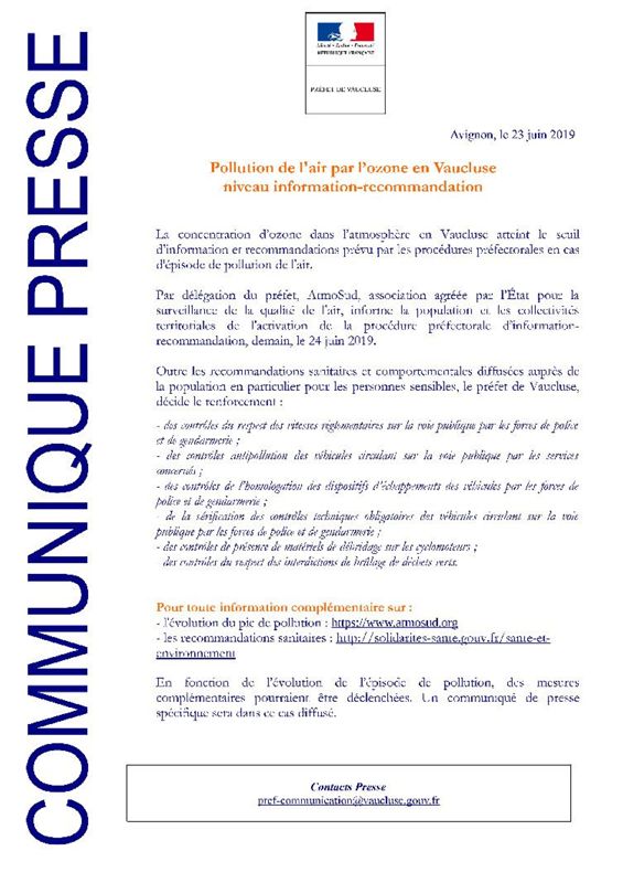 Pollution de l'air par l'ozone en Vaucluse niveau information-recommandation