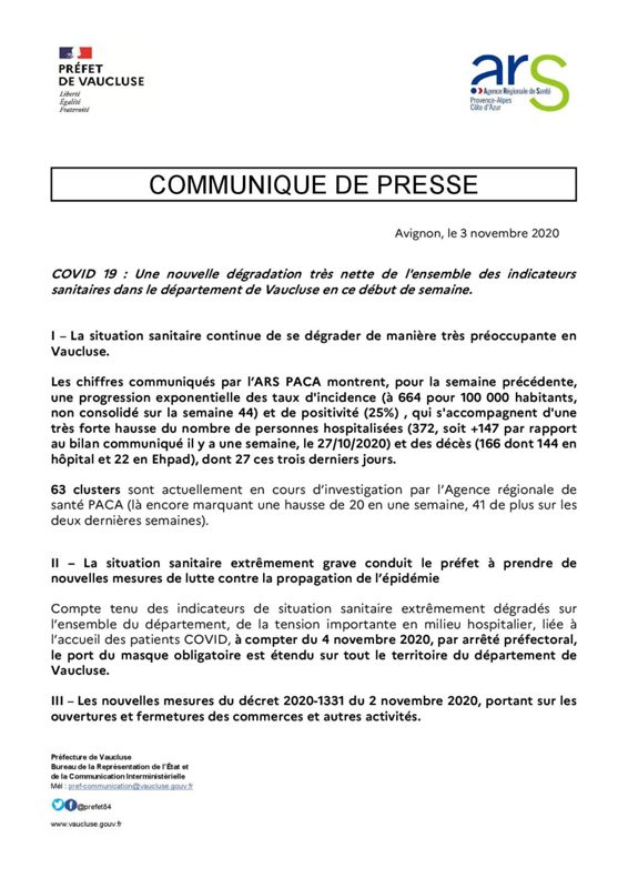 Arrêté préfectoral étendant l'obligation du port du masque en Vaucluse