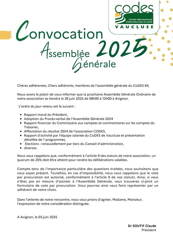 Assemblée générale 2025 du CoDES 84. Ordre du jour et documents utiles