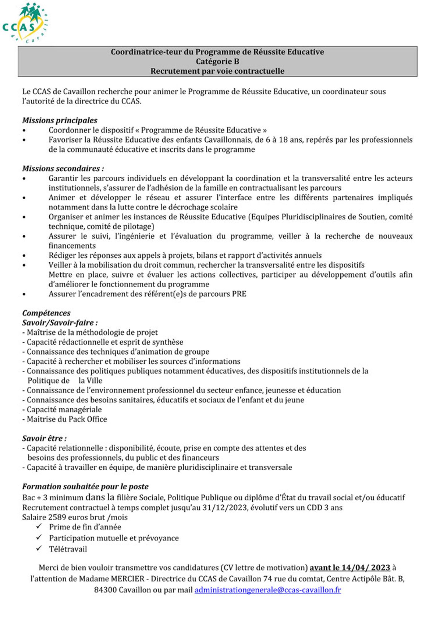 Le CCAS de Cavaillon recrute une/un Coordinatrice-teur du Programme de Réussite Educative (PRE)