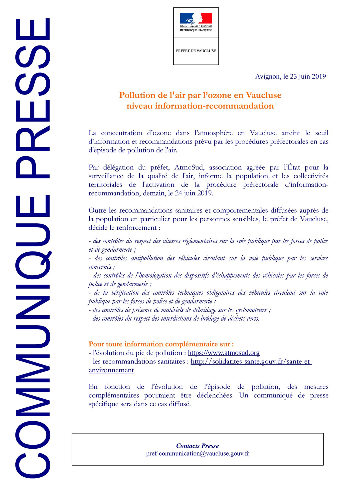 Pollution ozone juin 2019