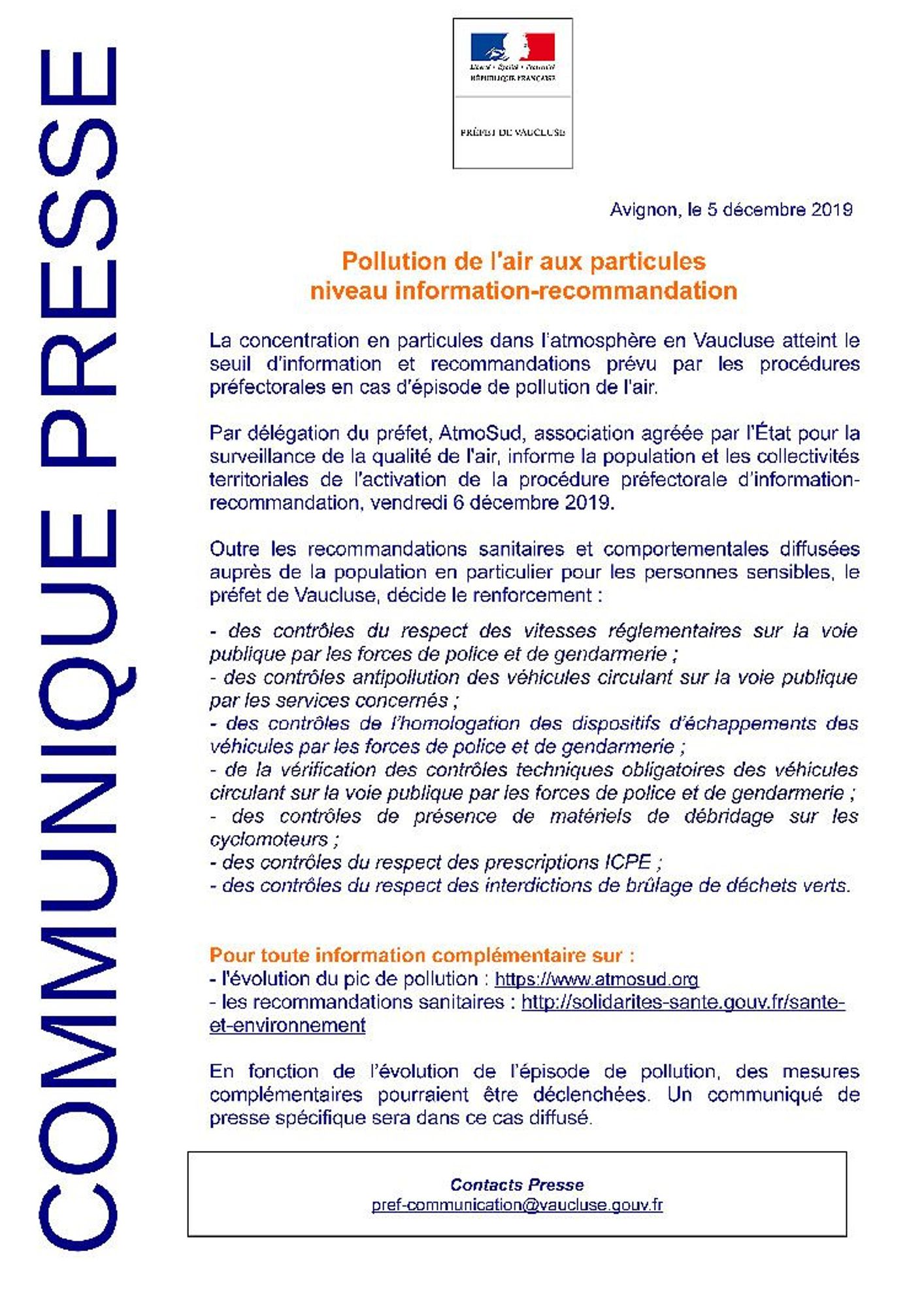 Pollution de l'air aux particules niveau information-recommandation