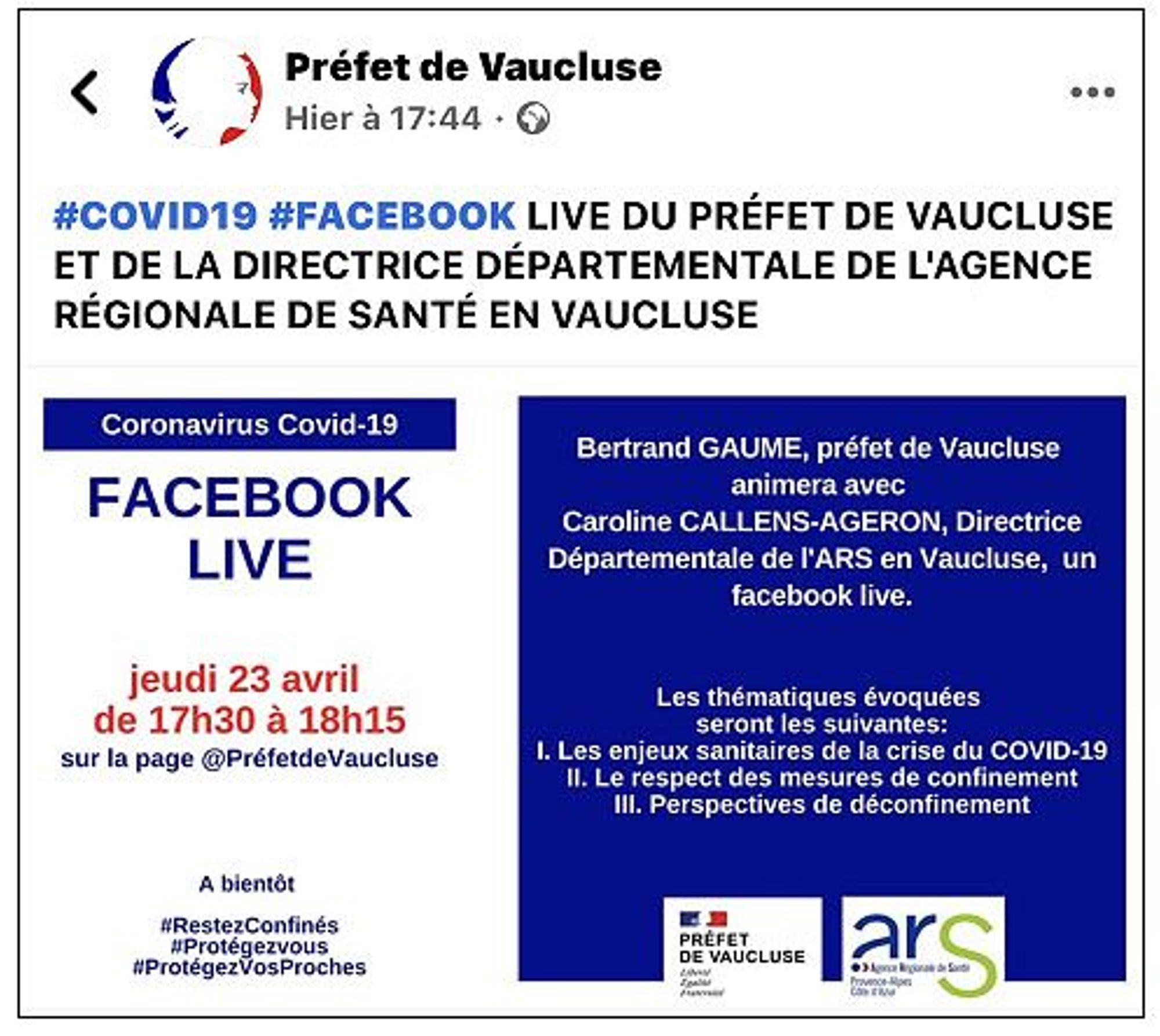 Covid-19. Facebook live de la Préfecture et de l'ARS DT 84