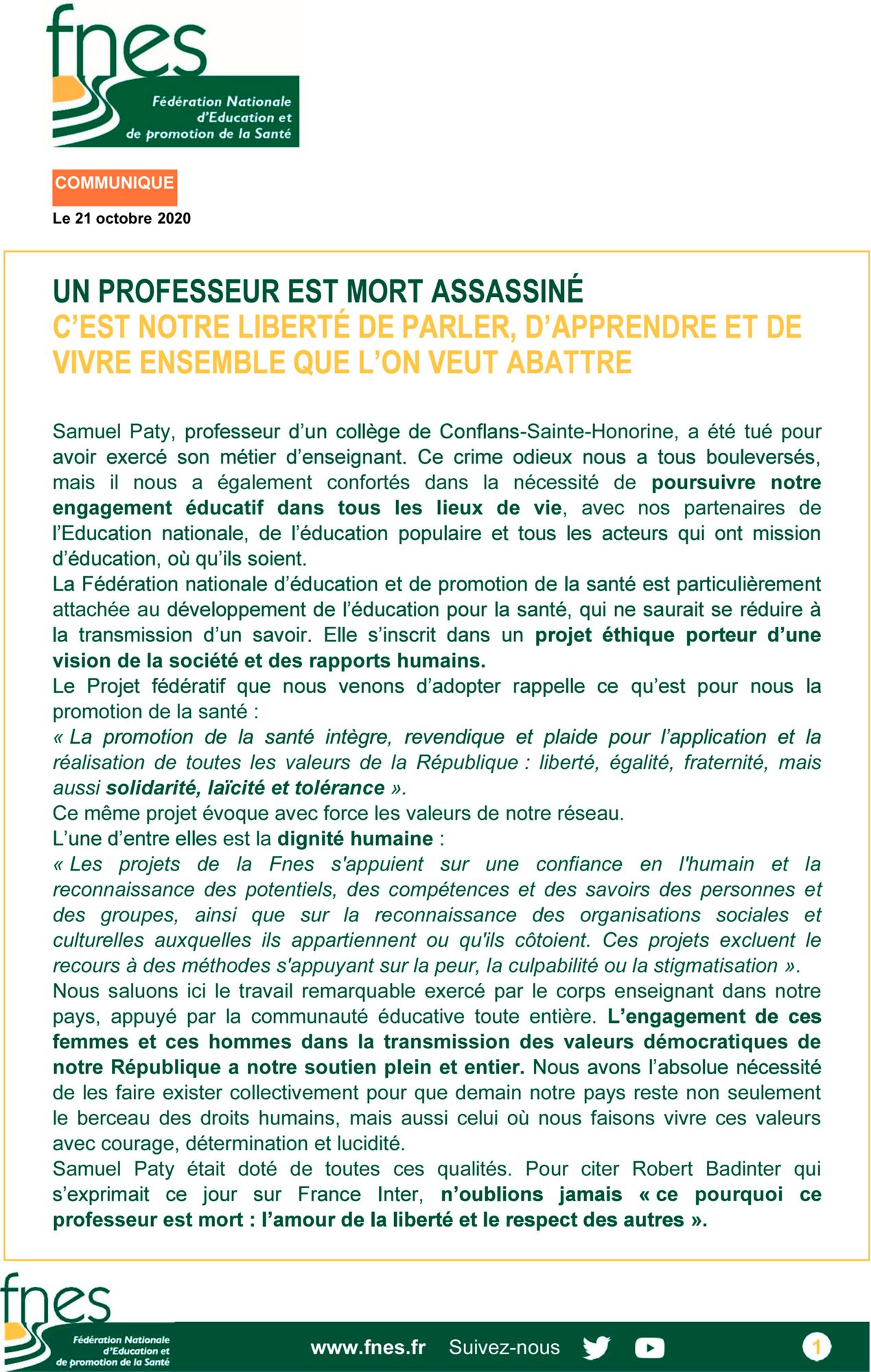 Communiqué FNES 21 octobre 2020