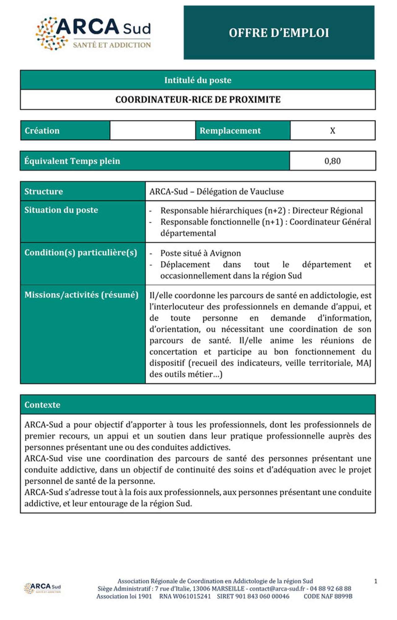ARCA-Sud recrute un coordinateur / une coordinatrice de proximité