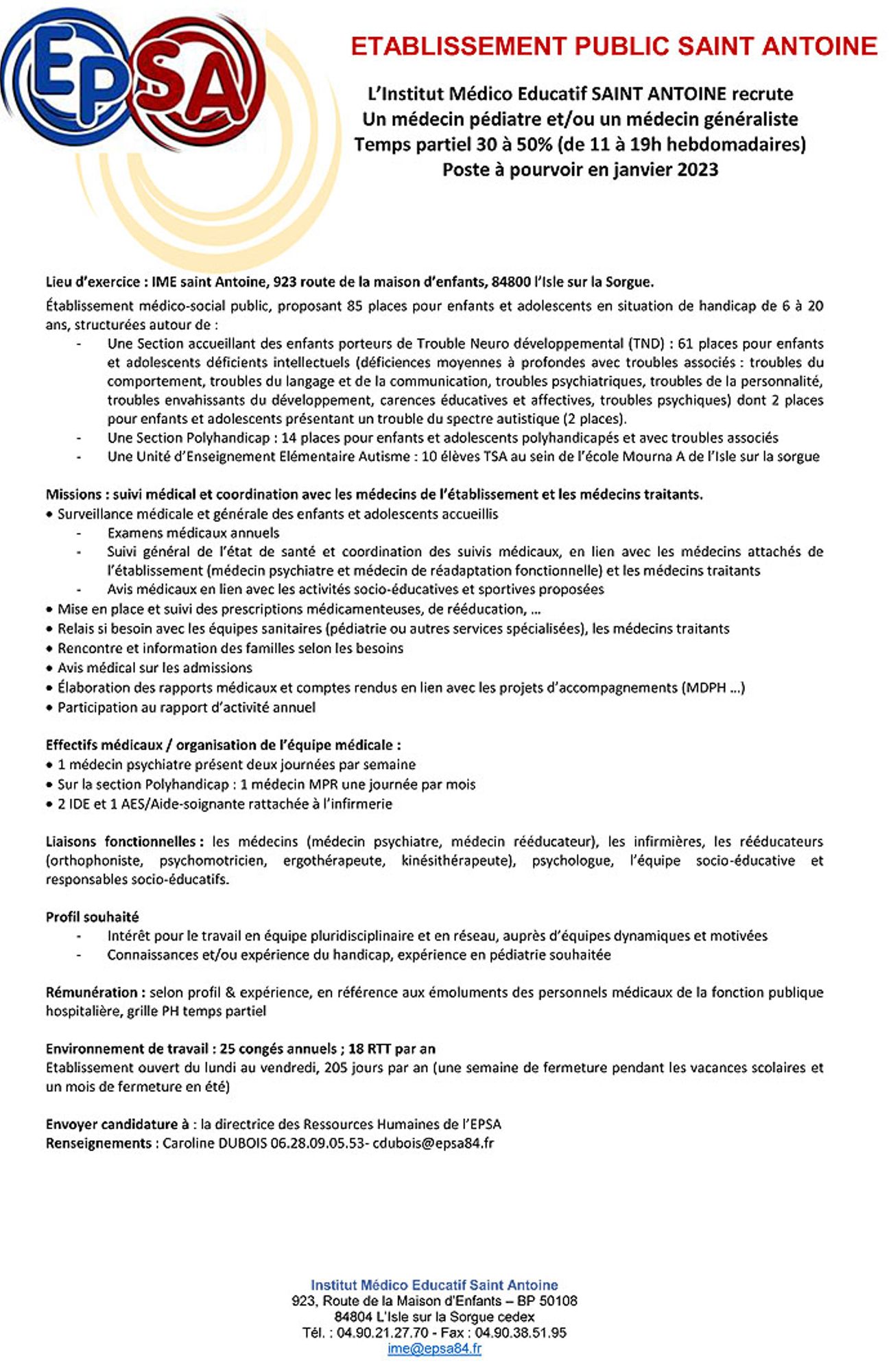 L’IME Saint-Antoine recrute un médecin pédiatre et/ou un médecin généraliste