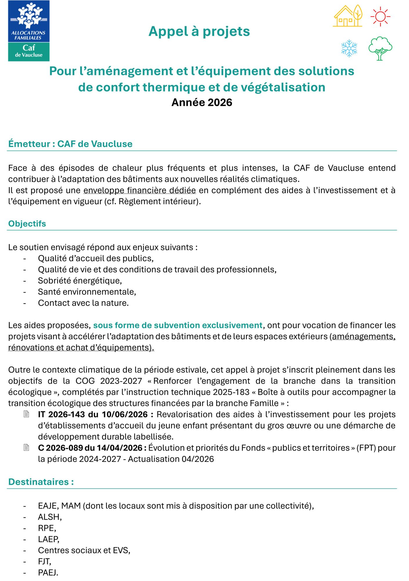Appel à projets. Pour l’aménagement et l’équipement des solutions de confort thermique et de végétalisation